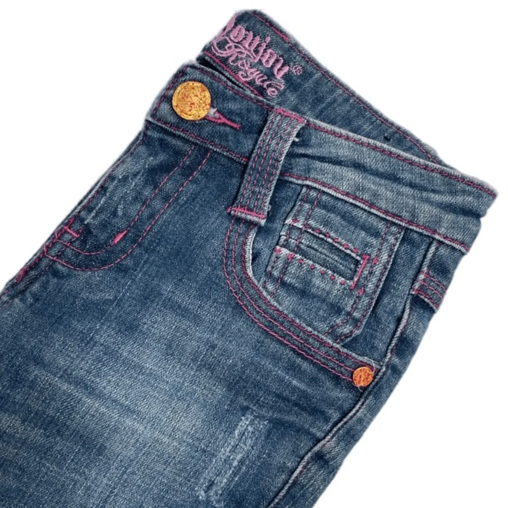 Vintage Y2K Jeans Pink Embroidered Distressed Medium Wash Denim Girls Size